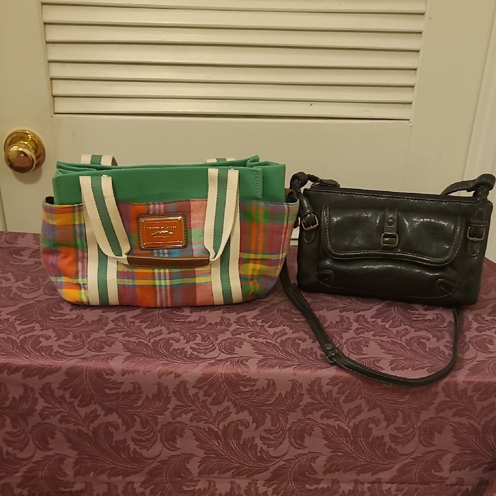 Tommy Hilfiger Plaid Tote and a Black Convertible Leather Crossbody Shoulder Bag